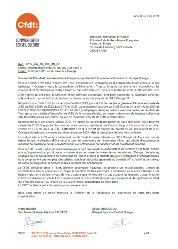 Le courrier de la CFDT au Président Macron