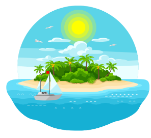 dessin
un bateau devant une île au soleil