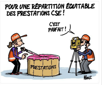 dessin humoristique
militants CFDT coupant un gateau "prestations" aidés d'outils de précision de géomètre